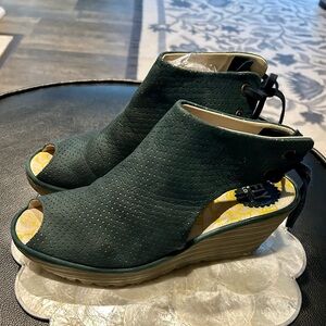 Fly London Dark Green Peep-Toe Wedges